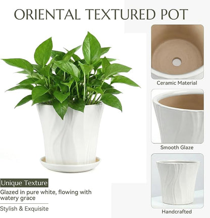 10 Inch Ceramic pots for Plants with Saucer Drainage Leak-Proof Mesh, Round Plant Pot with Gardening Gloves for Indoor Outdoor Plants (Rippled White)