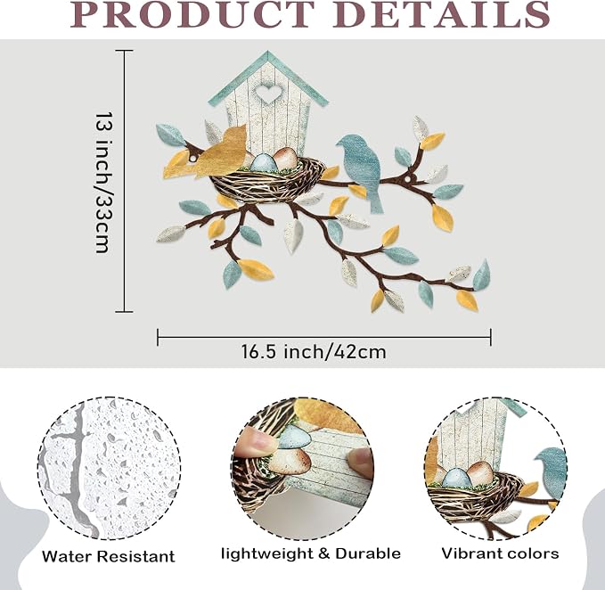 COLOR VALLEY ART-Metal Bird Wall Art Birds on The Branch Wall Decor Leaves with Birds Sculpture Bird Silhouette Metal Ornament Branch Wall Hanging Sign for Balcony Garden Decor (Teal White-16.5''x13'')