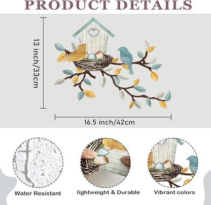 COLOR VALLEY ART-Metal Bird Wall Art Birds on The Branch Wall Decor Leaves with Birds Sculpture Bird Silhouette Metal Ornament Branch Wall Hanging Sign for Balcony Garden Decor (Teal White-16.5''x13'')