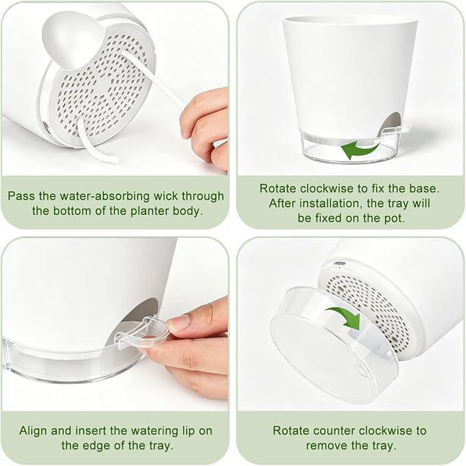 QRRICA 5/5.5/6/6.5/7/8 inch Self Watering Pot Set, Visible Water Level Planter with Transparent Reservoir & Drainage Holes, Plastic Flower Pots with Cotton Rope for Indoor/Outdoor Use (White)