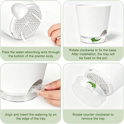 QRRICA 5/5.5/6/6.5/7/8 inch Self Watering Pot Set, Visible Water Level Planter with Transparent Reservoir & Drainage Holes, Plastic Flower Pots with Cotton Rope for Indoor/Outdoor Use (White)