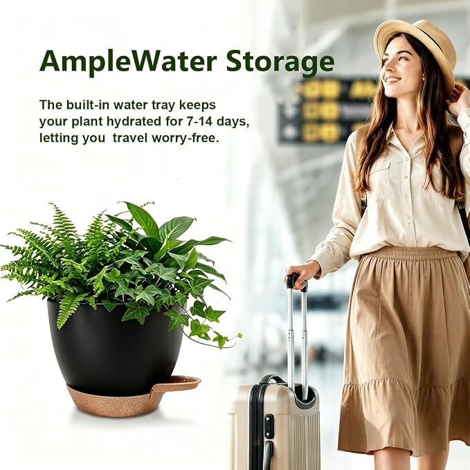 Plant Pots for Indoor 9/8/7/6.5/6/5 Inch, Self Watering Planter Pots with Drainage Holes and Saucers, 6Pcs Plastic Flower Pots for Indoor & Outdoor Plants（Black）