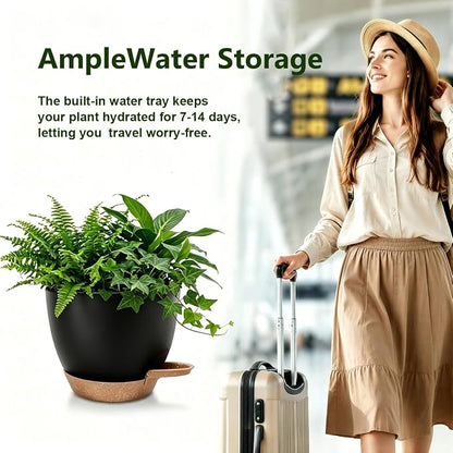 Plant Pots for Indoor 9/8/7/6.5/6/5 Inch, Self Watering Planter Pots with Drainage Holes and Saucers, 6Pcs Plastic Flower Pots for Indoor & Outdoor Plants（Black）