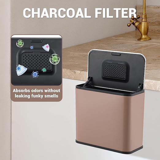 1.3 Gallon/5L Slim Stainless Steel Trash Can with Lid, Odor Control Charcoal Filter, Removable Bucket, Hanging/Wall Mounted/Standing Waste Bin for Kitchen, Bathroom, Bedroom, Office - Brown