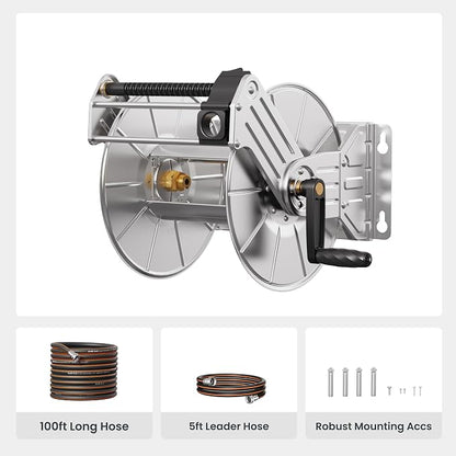 Giraffe Tools Stainless Steel Garden Hose Reel Heavy Duty, Wall/Floor Mounted Stainless Water Hose Reel Retractable with Crank, 150-Feet 5/8" Hose Capacity＆100FT hose