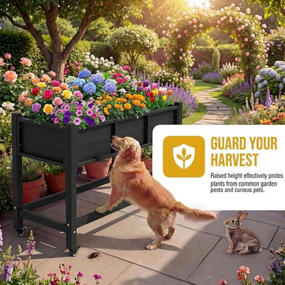 DWVO 47x18x31in Raised Garden Bed HDPE, Weather-Resistant Poly Wood Planter Box Stand, Planter Box with Legs & Lockable Wheels, Elevated Garden Bed for Backyard Patio Balcony - Black