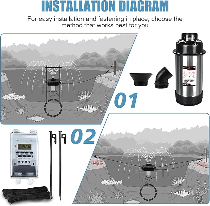 Goldlife Pond Fountain Aerator, F3 No Light, 1HP 750W 110V Stainless Steel Floating Fountain With 100 FT Power Cord, Black Octagon Aerating Fountain Pump for Small Large Ponds Lake Bay Fish farm