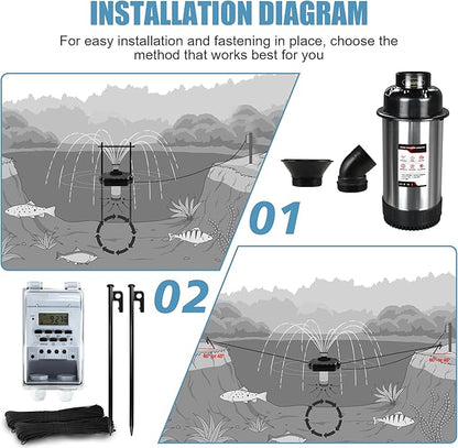 Goldlife Pond Fountain Aerator, F3 No Light, 1HP 750W 110V Stainless Steel Floating Fountain With 100 FT Power Cord, Black Octagon Aerating Fountain Pump for Small Large Ponds Lake Bay Fish farm
