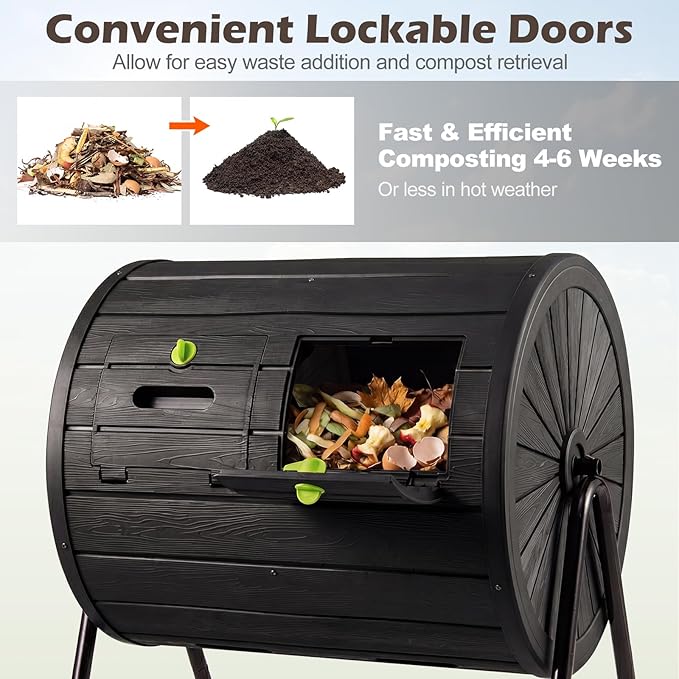 Goplus Compost Tumbler, 37.5 Gallon Large Outdoor Compost Bin w/Dual Chambers, 2 Lockable Doors, Efficient 360° Rotating Batch Composter for Garden Yard Farm Waste, Easy Assembly, BPA-Free (Black)