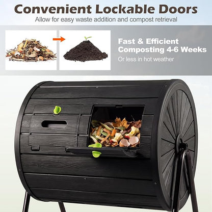 Goplus Compost Tumbler, 37.5 Gallon Large Outdoor Compost Bin w/Dual Chambers, 2 Lockable Doors, Efficient 360° Rotating Batch Composter for Garden Yard Farm Waste, Easy Assembly, BPA-Free (Black)