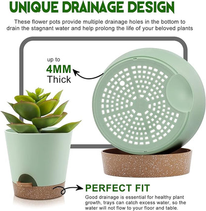 YNNICO Indoor Self Watering Planters with Drainage Holes and Saucers, 9,8, 7.5 Inches, Green, 3 Pots (Springgreen)