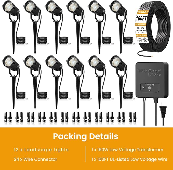 6W Landscape Lighting Kit, Low Voltage Landscape Lights with Transformer 100FT UL-Listed Wire & Connectors, 3000K Waterproof Outdoor Spot Lights for Yard House Tree 12V-24V 12Pack
