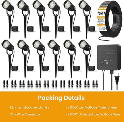 6W Landscape Lighting Kit, Low Voltage Landscape Lights with Transformer 100FT UL-Listed Wire & Connectors, 3000K Waterproof Outdoor Spot Lights for Yard House Tree 12V-24V 12Pack