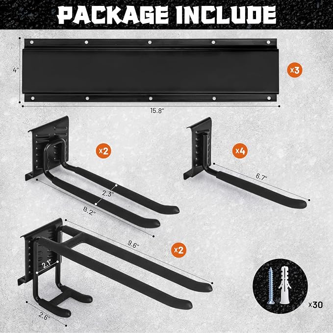 11Pcs Garage Wall Mount Tool Storage Rack - Adjustable Garden Tool Storage Hooks, Heavy Duty Utility Shed Organization Rack for Hanging Rake, Broom, Mower, Snowboard and Other Yard Tool