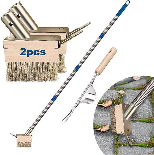 Crack Weeder Tool, Crevice Weeding Moss Brush with 2 Heads&Scraping Hook, A Hand Puller Tool, Moss Remover with Steel Handle for Cleaning Paving Joint Paver Sidewalk Patio Stone Driveway Deck