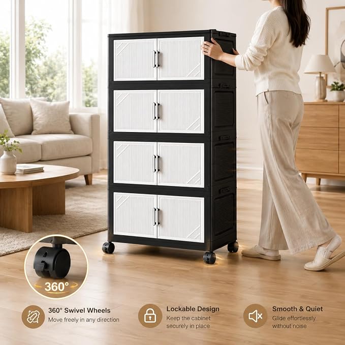 4 Tier Foldable Storage Cabinet with Wheels and Magnetic Doors, Premium PP Material Large Storage Organizer, Space-Saving Utility Storage for Home, Apartments, Dorm, Office, Rv