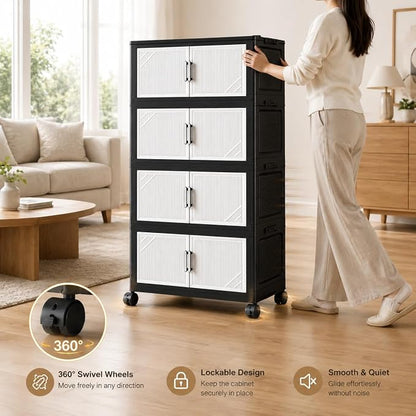 5 Tier Foldable Storage Cabinet with Top Lid, Tall Mobile PP Storage Organizer with Magnetic Doors and Wheels, Space-Saving Collapsible Organizer for Bedroom Living Room Kitchen Pantry Bathroom