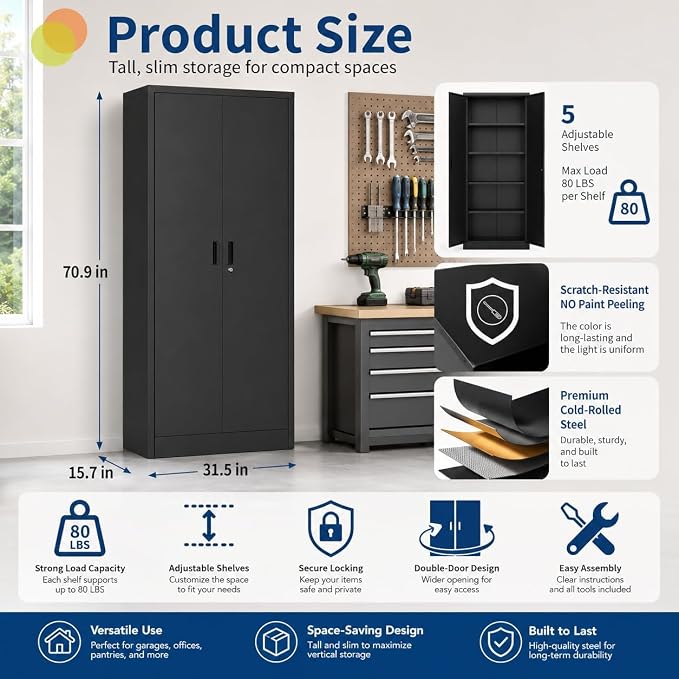 71" Black Metal Storage Cabinet with Lock & Adjustable Shelves - Heavy Duty Garage, Pantry & Office Cabinet with Adjustable Feet, 4 Shelves & Doors for Home Organization