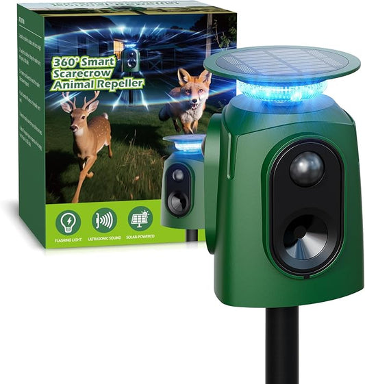 360° Solar Deer Repellent Devices, Motion Activated Ultrasonic Animal Repeller with Flashing Lights, Waterproof Cat Repellent Outdoor, Repel Dog, Raccoon & Coyote Out of Garden - USB Rechargeable