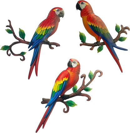 Limygus 3 Pack Colorful Tropical Metal Parrot Wall Art, Indoor Outdoor Hanging Decor for Garden Yard Balcony Bedroom
