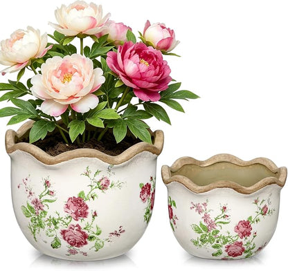 Hollyone 2 Pack Ceramic Planter Pink Vintage Ceramic Pot 5.5 + 6.6inch Decorative Flower Plant Pot with Drainage Hole Crackle Glaze for Indoor Outdoor Tuscan Decor Home Living Room Garden Decor