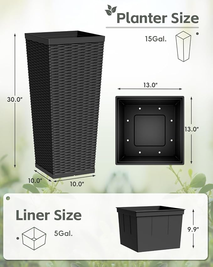 Greesum 30 Inch Tall Plastic Planters with Rattan Texture – Set of 2, Detachable Inner Pot & Drainage Holes, Indoor/Outdoor Decorative Flower Pots for Large Plants, Trees, Patio, and Garden, Black