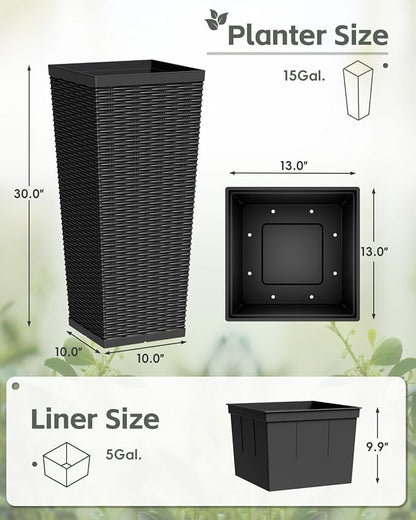 Greesum 30 Inch Tall Plastic Planters with Rattan Texture – Set of 2, Detachable Inner Pot & Drainage Holes, Indoor/Outdoor Decorative Flower Pots for Large Plants, Trees, Patio, and Garden, Black