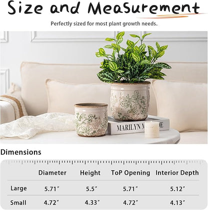 SURE YUESI Ceramic Plant Pots Set of 2, 4.7 & 5.7 Inch Vintage Indoor Planters with Drainage Hole, Farmhouse Ceramic Flower Pots for Indoor Plants, Rustic Cottage Decor for Home Kitchen Garden, Green