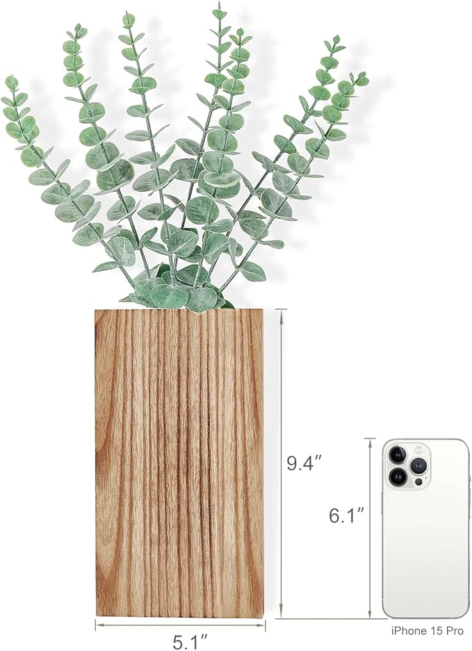 Dahey 2 Pack Wood Wall Planter Vase with Artificial Eucalyptus Farmhouse Wall Hanging Decor Pocket Planter for Indoor Fake Plants Greenery Flowers, livingroom Bedroom Kitchen Home Office Decoration