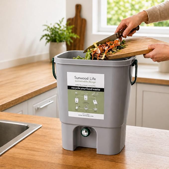 Bokashi Composting Kit, 5-Gallon Indoor Kitchen Composter - Gray, with 2.2 lb Premium Bokashi Bran, Odor-Reducing Food Waste Recycling System, US Patented