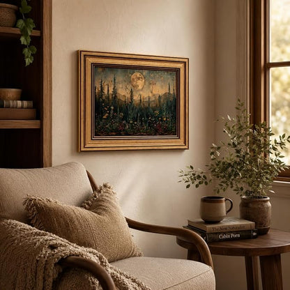 Devunaty Gold Framed Vintage Forest Full Moon Wall Art, Moonlit Pine Tree Wall Decor Paintings,Wildflowers and Mountains Rustic Woodland Nature Landscape Picture Canvas Print for Living Room 12"x16"