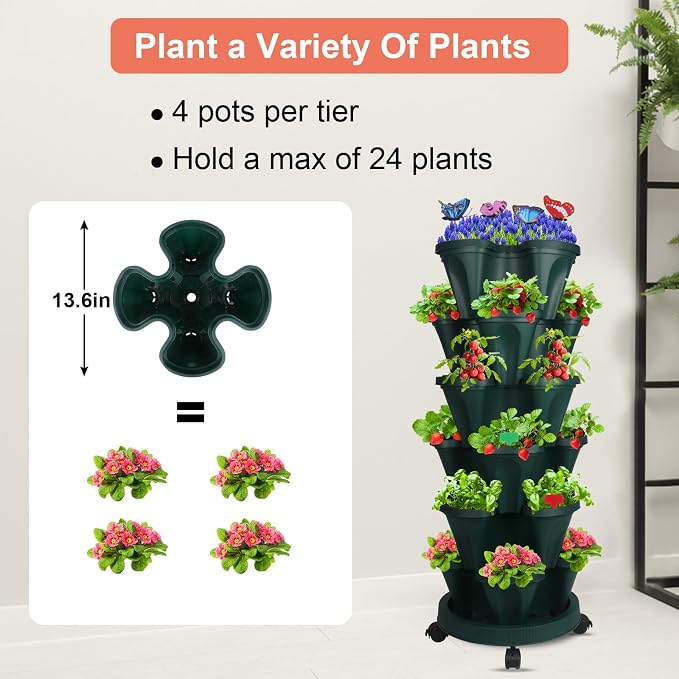 GameXcel Vertical Planter, 6 Tier Stackable Strawberry Planter with Garden Tool Set, Movable Indoor/Outdoor Garden Herb Pot for Growing Vegetables and Succulents, Green