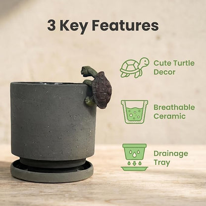 Nihow Ceramic Plant Pot with Resin Figure for Idoor Plants,5.7 Inch,Gray | Drainage Hole and Saucer, Indoor Use, Home Garden Patio Office