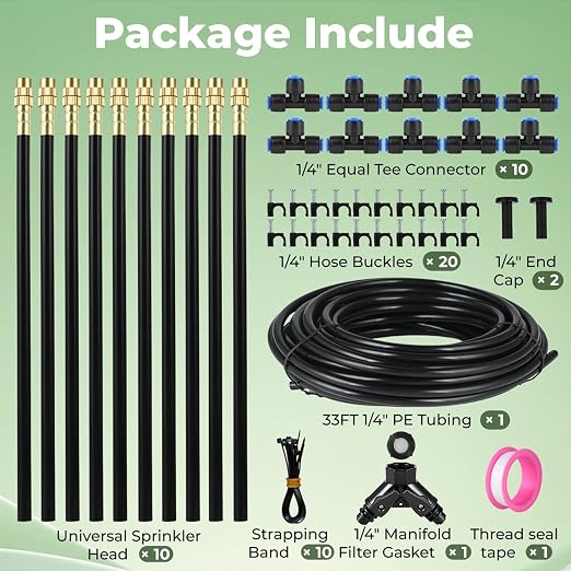 33FT Drip Irrigation System for Garden: 10 Nozzles 1/4" PE Tubing Automatic Watering Kit Adjustable Misting Sprinkler Mister Hose for Water Plants Tape Raised Beds Lawn Outdoor Yard Greenhouse