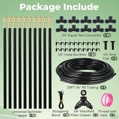 33FT Drip Irrigation System for Garden: 10 Nozzles 1/4" PE Tubing Automatic Watering Kit Adjustable Misting Sprinkler Mister Hose for Water Plants Tape Raised Beds Lawn Outdoor Yard Greenhouse