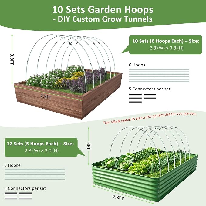 60Pcs Greenhouse Hoops for Raised Beds, Rust-Free Fiberglass | Garden Hoops Grow Tunnel Wide, 8FT Heavy Duty Plant Support Hoops with Flush Connectors & 24pcs Clips for Netting Row Cover