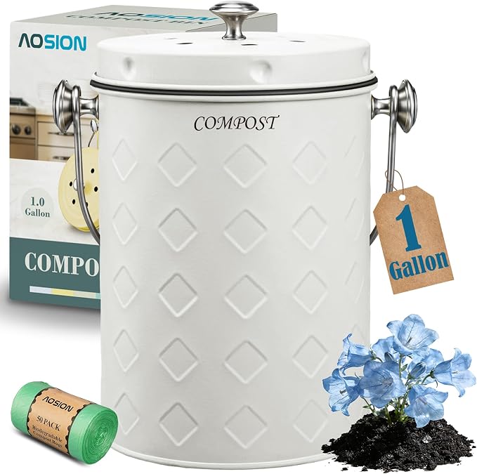 AOSION Countertop Compost Bin Kitchen,Odorless Indoor Compost Bin with Lid | 1 Gallon Composter Container,Removable Inner Bucket,50 Compost Bags,2 Carbon Filters,ideal for food scraps,coffee grounds