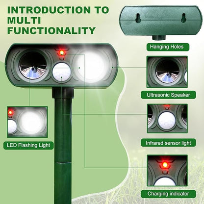 Solar Ultrasonic Animal Repeller, 2025 Cat Repellent Outdoor,Waterproof Deer Repellent for Raccoon,Dog,Fox, Deer, Skunk,Squirrel, Rabbit with LED Flashing and Motion Outdoor Farm,Sound Green M1