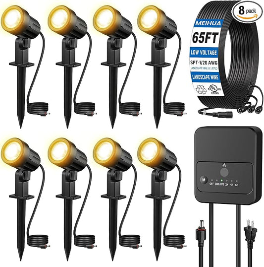 MEIHUA All-in-One Low Voltage Landscape Lighting Kit, Warm White, 8-Pack | Landscape Lights with Transformer 65FT Wire and Connectors 2700K Waterproof Landscape Spotlights for Garden Yard House Tree