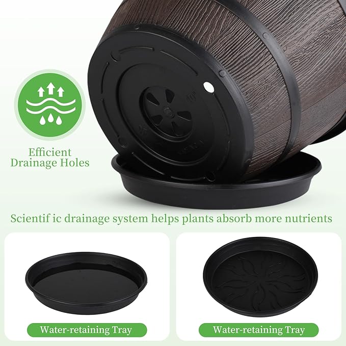 Myfeegoin 8-inch-Pots-for-Plant-Outdoor, 4 Pack Plastic Whiskey Barrel Planters Plant Pots with Drainage Hole & Saucer, Decorative Indoor Flower Pot for House Garden Porch