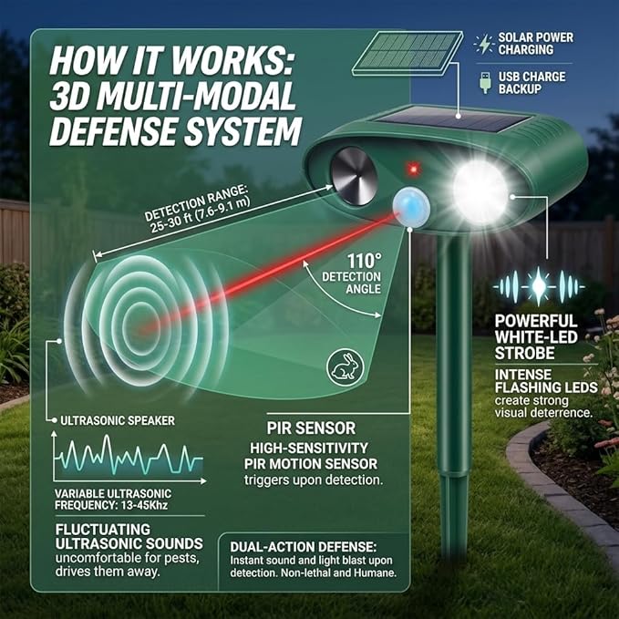 2026 Sonic Fortress Pro Deer Repellent Devices with USB Charge,Solar Ultrasonic Animal Repellent with Motion Sensor&Flash Light,Deer Deterrent for Flower beds,Vegetable Gardens,Plants 4Pack