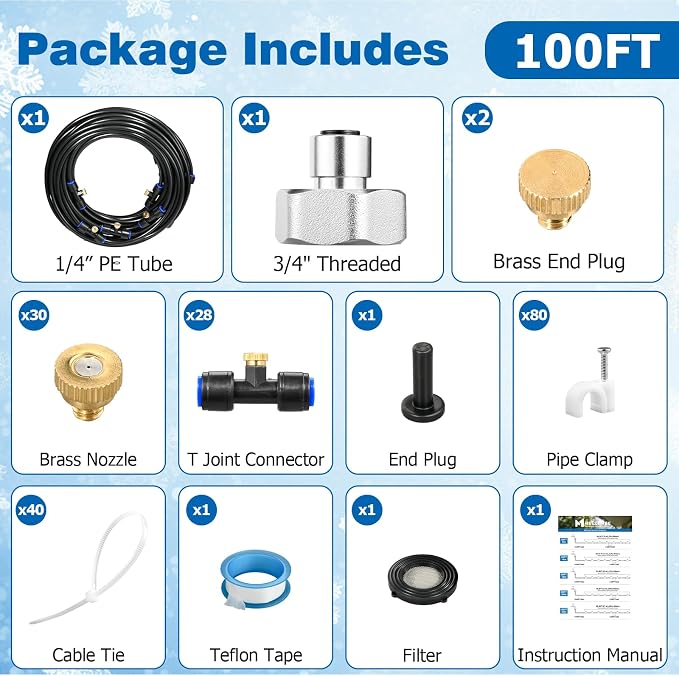 Mellbree Misters for Outside Patio 100FT/30M, Pre-Assembled Misting Cooling System with 30 Brass Nozzles & 3/4" Adapter, Outdoor Mister for Garden, Backyard, Livestock Ranch, Greenhouse, Pool Area