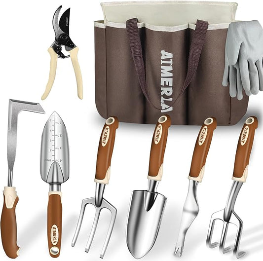 Aimerla Gardening Tools Set of 9 Heavy Duty Garden Tools with Non-Slip Rubber Grip with Large Garden Bag for Tools Durable Hand Tools for Gardening, Weeding,Gardening Gifts for Women,Men