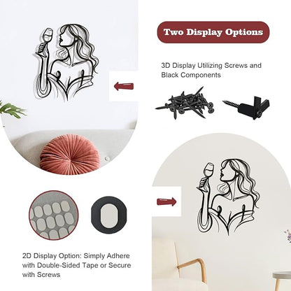 LIYAOLI 3D Metal Wall Sculpture Decor - Black Wall Art of Woman Drinking Wine, Waterproof Kitchen Line Art, Unique Modern Metal Art for Dining Room, Bar, Living Room, Bedroom