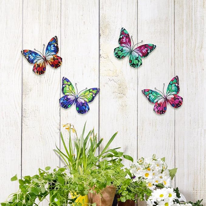 dreamskip 4 Pcs Metal Butterfly Wall Decor Art, Colorful Butterflies Outdoor Wall Art, Hand Craft Outdoor Garden Decor For Fence, Patio, Yard Decoration