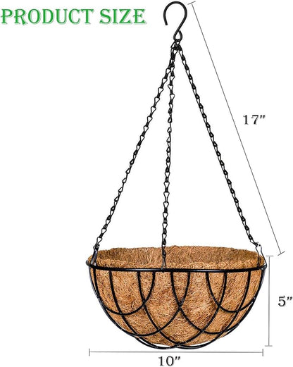Kingbuy 10 Inch Metal Hanging Planter Basket with Coconut Fiber Liner Round Wire Hanging Plant Flower Pot for Home Garden Patio Decoration, Grid Pattern, 2 Pack