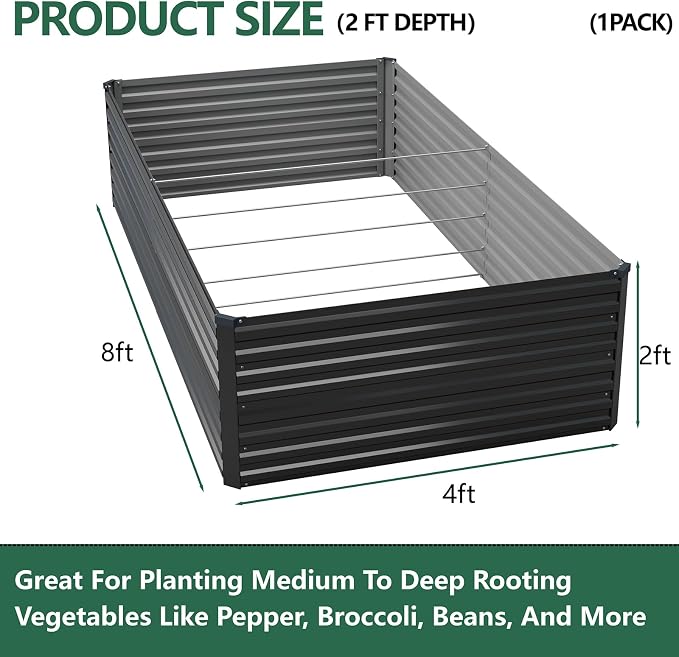 Vengarus 8x4x2ft Galvanized Raised Garden Bed,Metal Raised Beds Kit Black | 2FT Deep Root Elevated Garden Planter Box, Corrugated Steel, Open Bottom, Rustproof All Weather, Large Vegetable Flower Bed