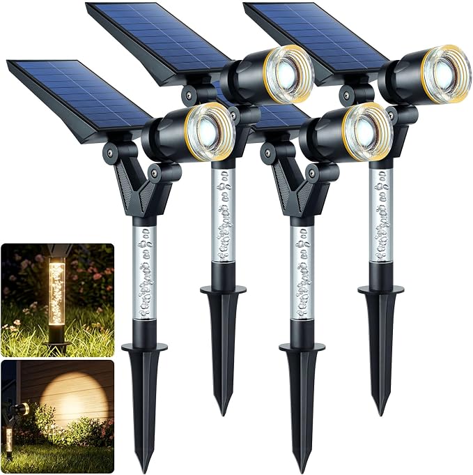DenicMic Solar Spot Lights Outdoor Waterproof 3000K Warm White Lens LED Adjustable Angle Solar Lights Outdoor for Yard Garden Patio Wall Landscape Lighting Outside 4 Pack