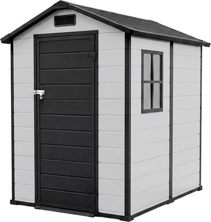 Garvee Outdoor Storage Shed with Floor, Plastic Resin Garden Shed with Window & Sloping Roof & Lockable Door for Patio Backyard Garden, Lawn Mower, Bike, Tool Storage (Grayish White + Black, 4' x 6')