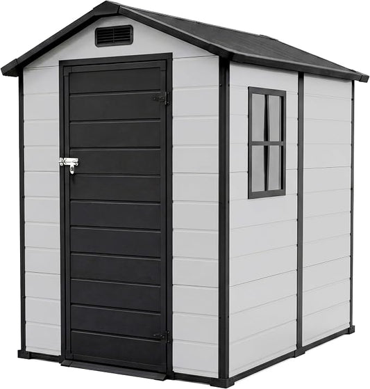 Garvee Outdoor Storage Shed with Floor, Plastic Resin Garden Shed with Window & Sloping Roof & Lockable Door for Patio Backyard Garden, Lawn Mower, Bike, Tool Storage (Grayish White + Black, 4' x 6')